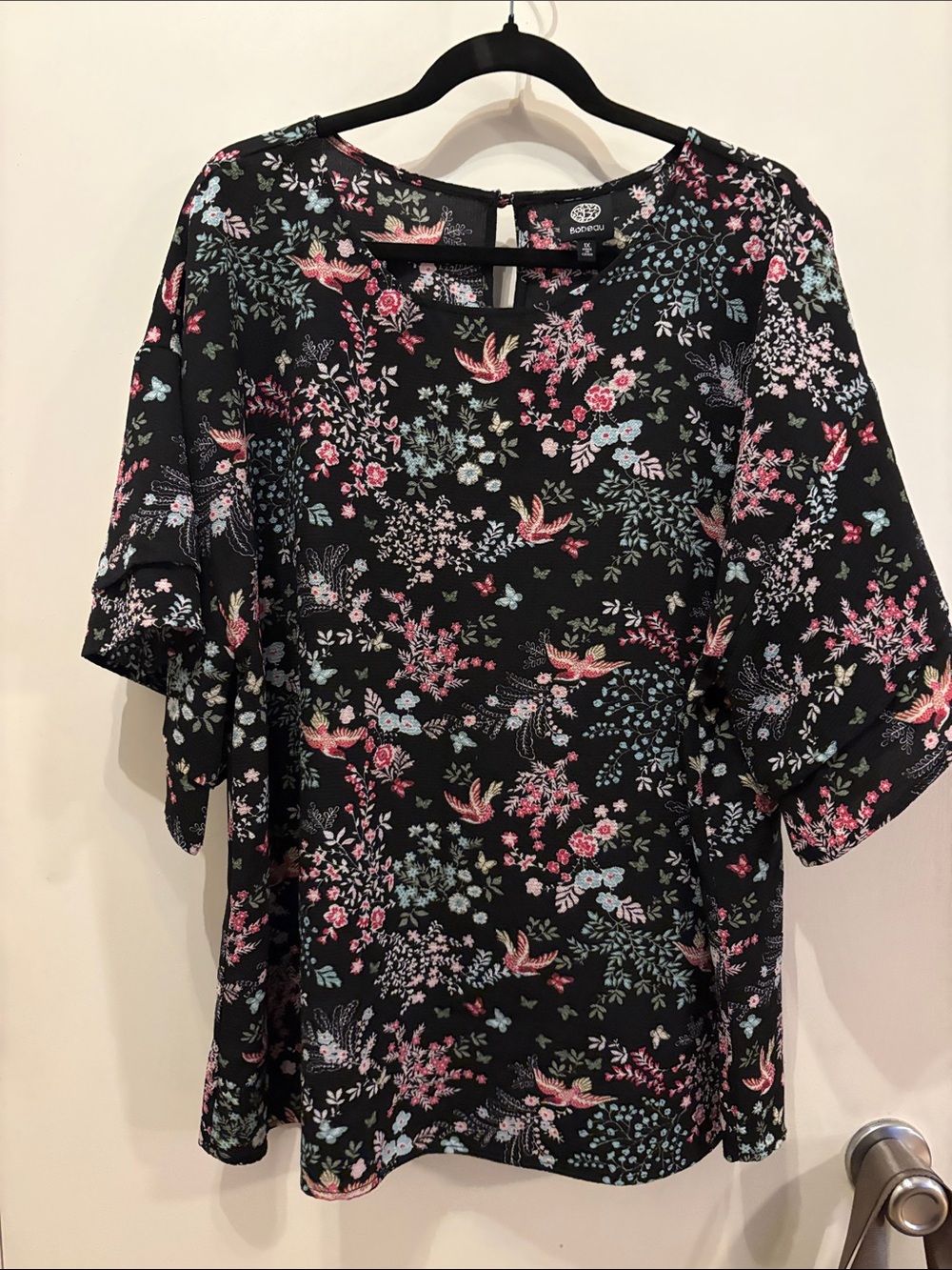 Bobeau Floral & Bird Print Flutter Sleeve Blouse SZ 1X Whimsigoth Fairy Feminine